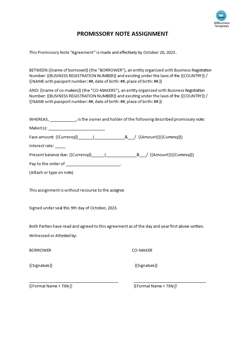 promissory note assignment template