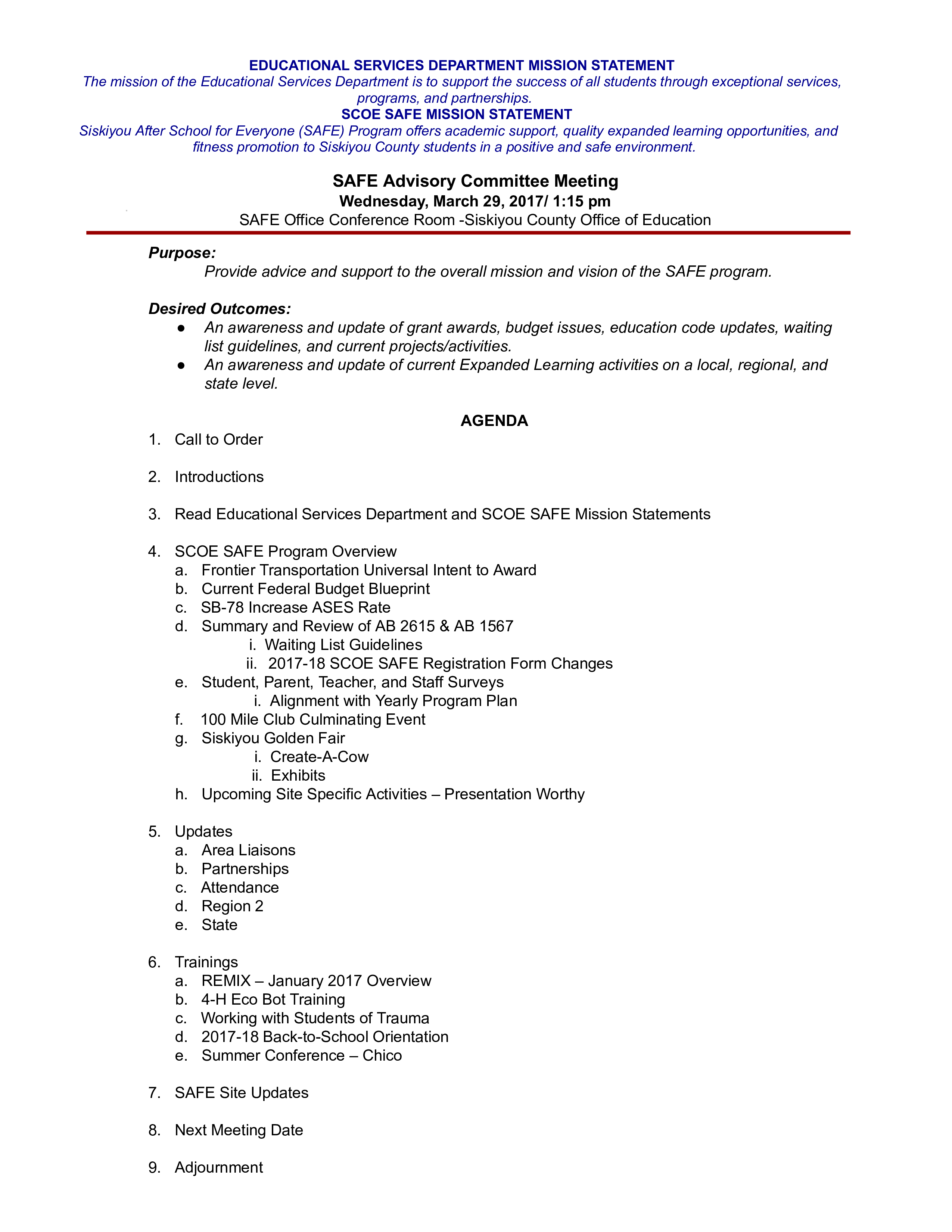 safe advisory meeting agenda template