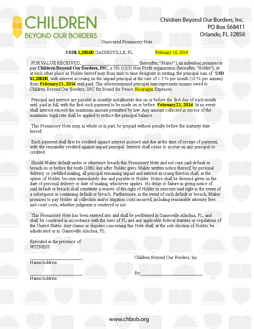 unsecured promissory note word template