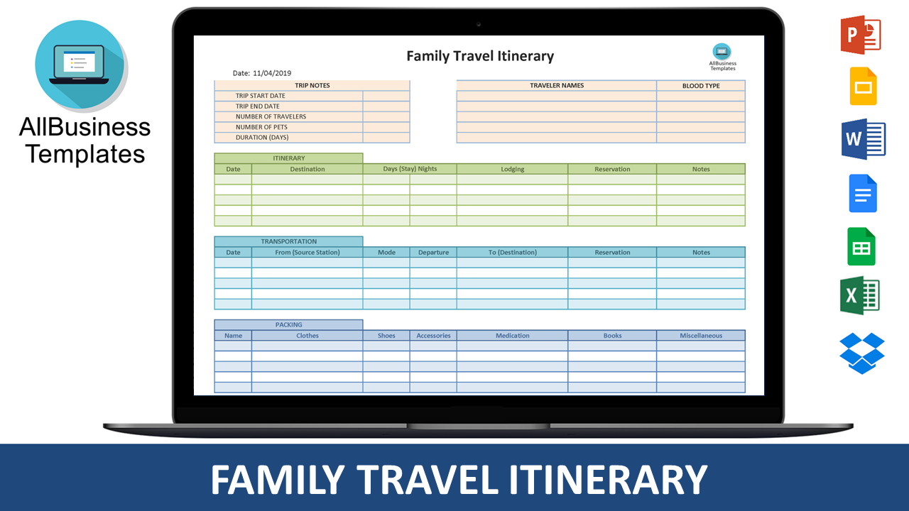 Family Travel Itinerary in Excel 模板