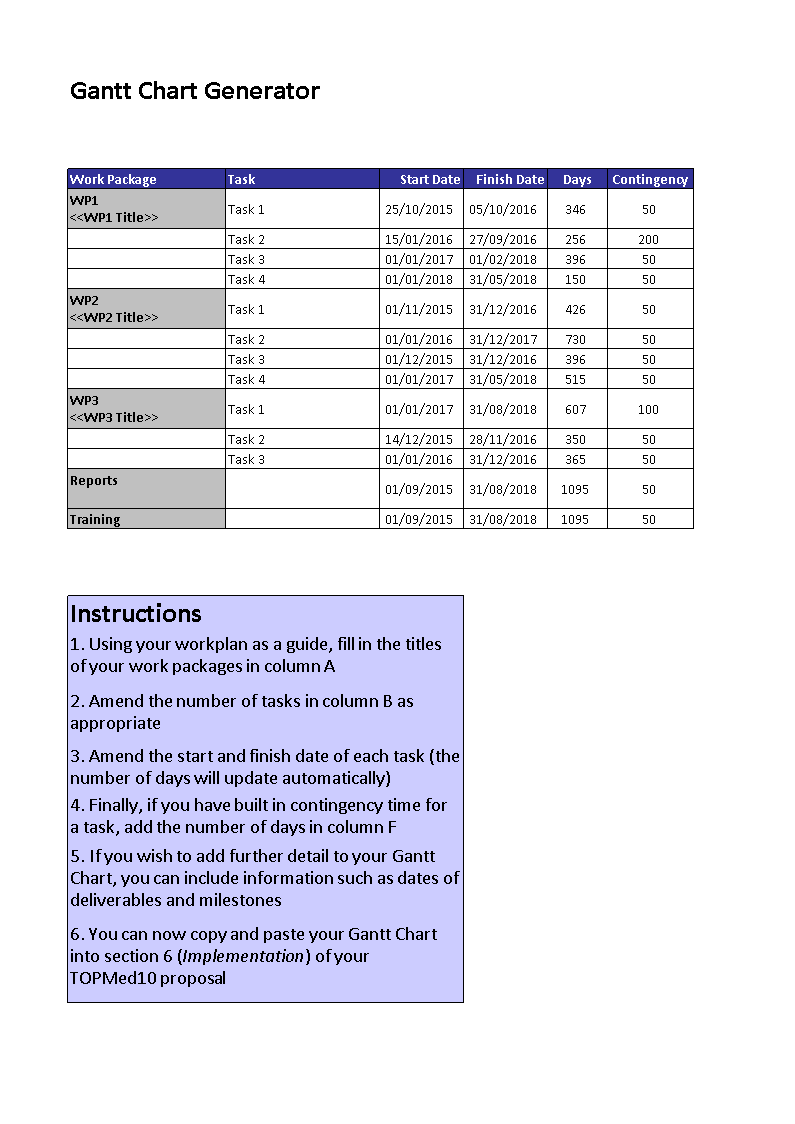 Gantt Chart Generator Excel 模板