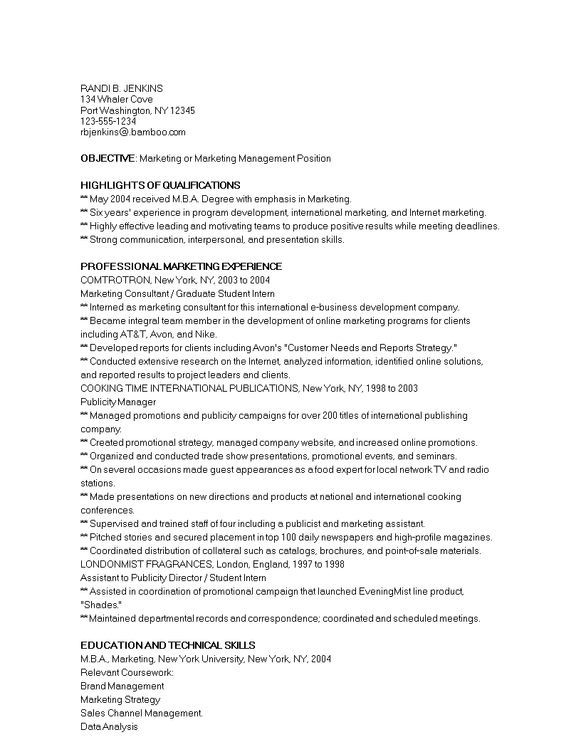 Marketing Graduate Student Resume main image