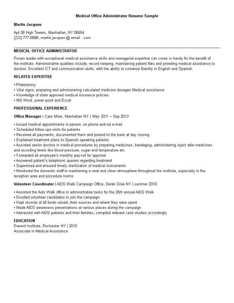 medical office administration resume plantilla imagen principal