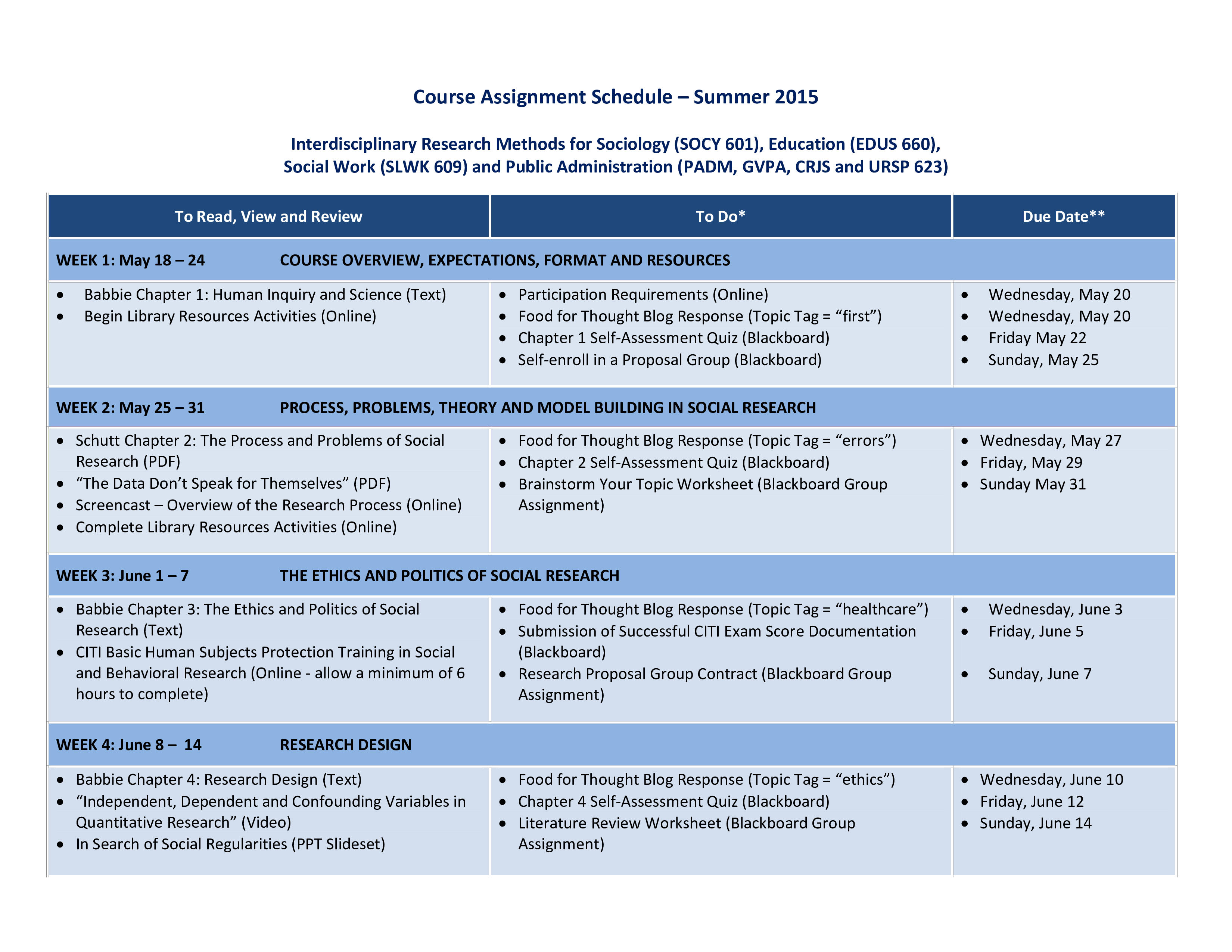 course assignment schedule template