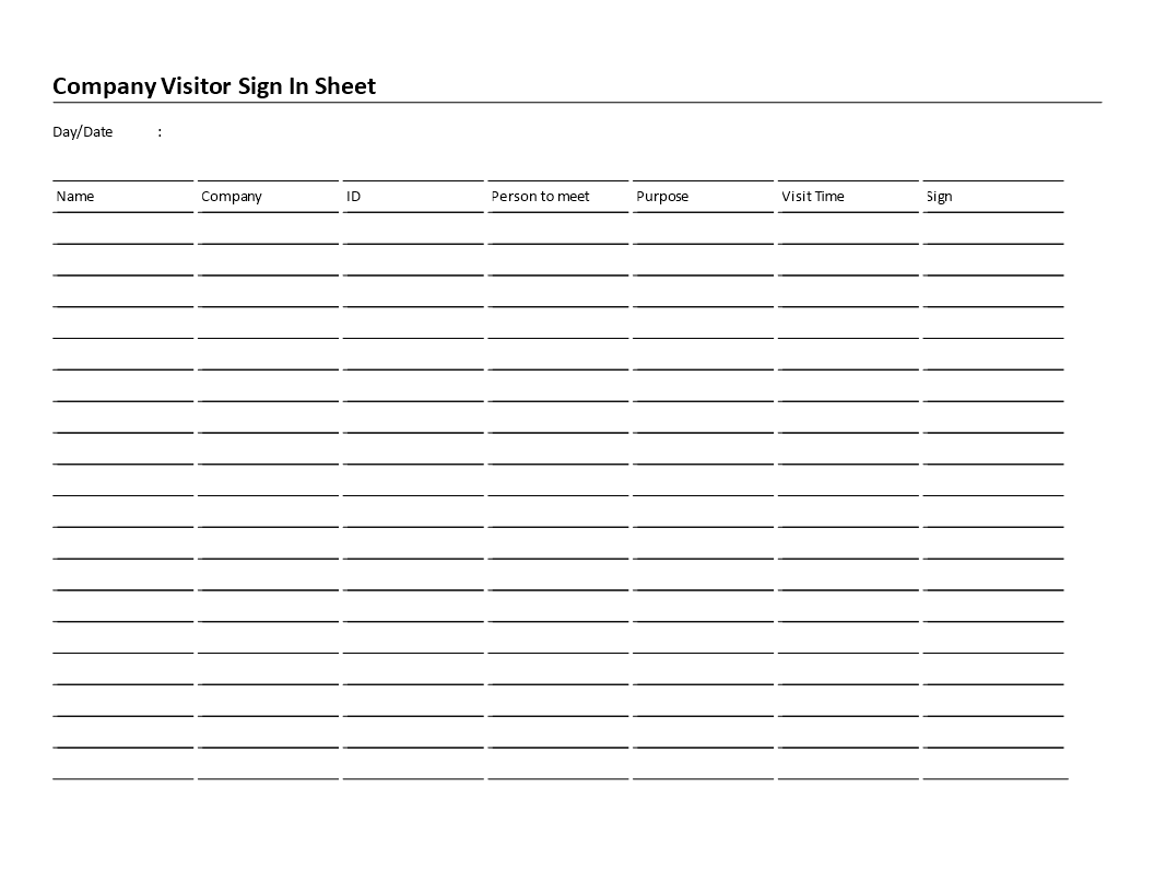 company visitor sign in sheet landscape voorbeeld afbeelding 