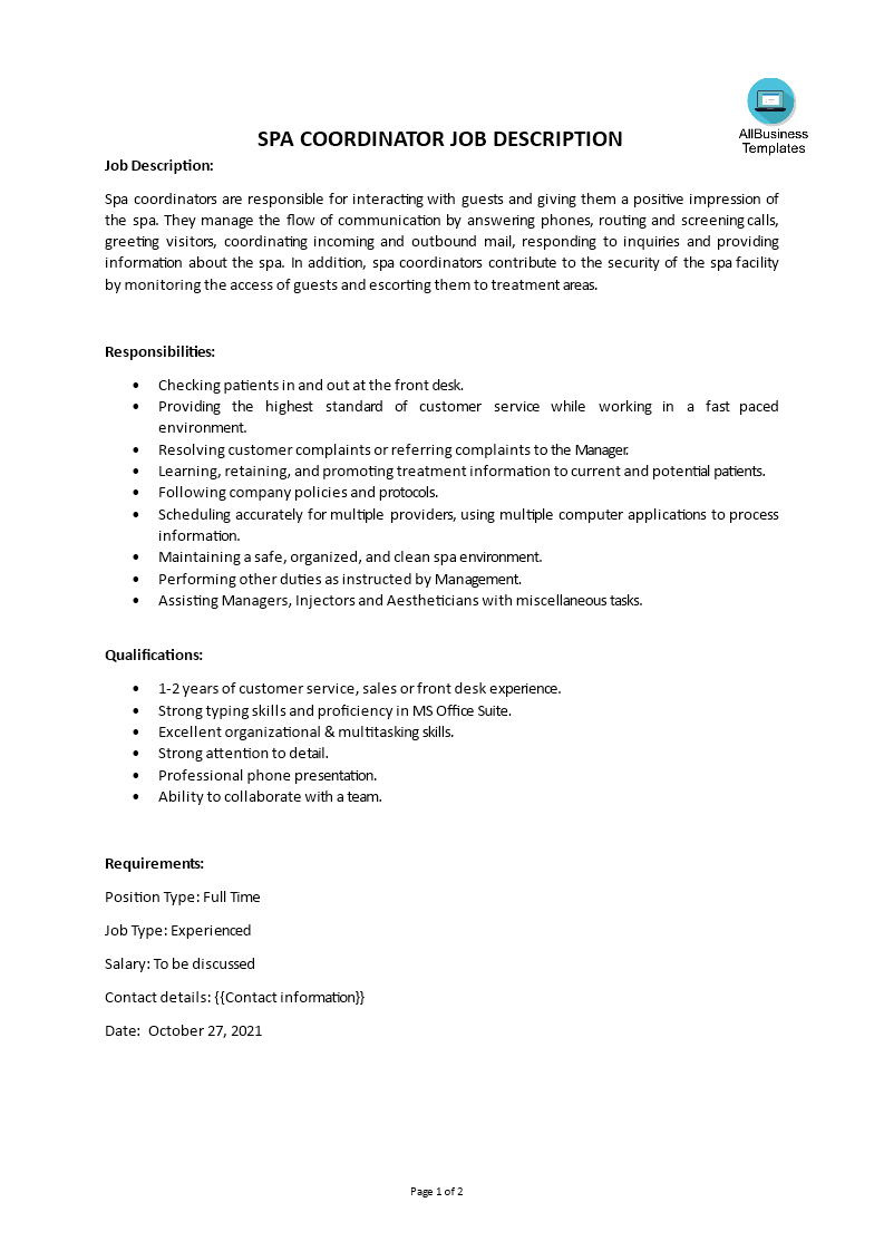 spa coordinator job description template