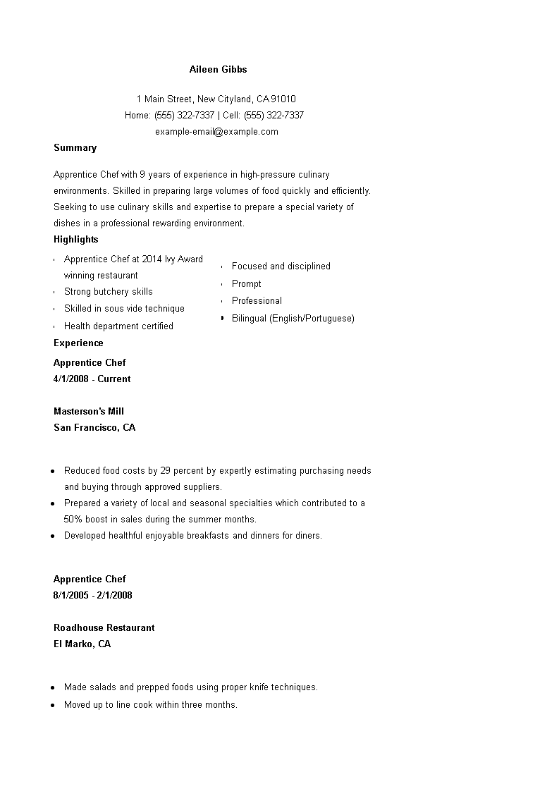 apprentice cook cv modèles