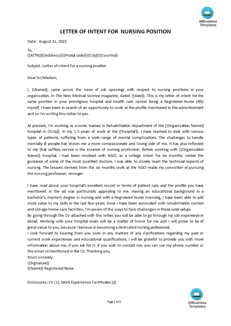 sample letter of intent for nursing job plantilla imagen principal