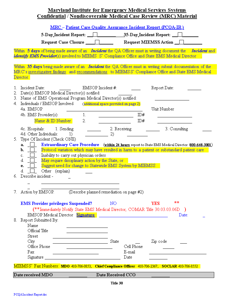 quality assurance incident report modèles