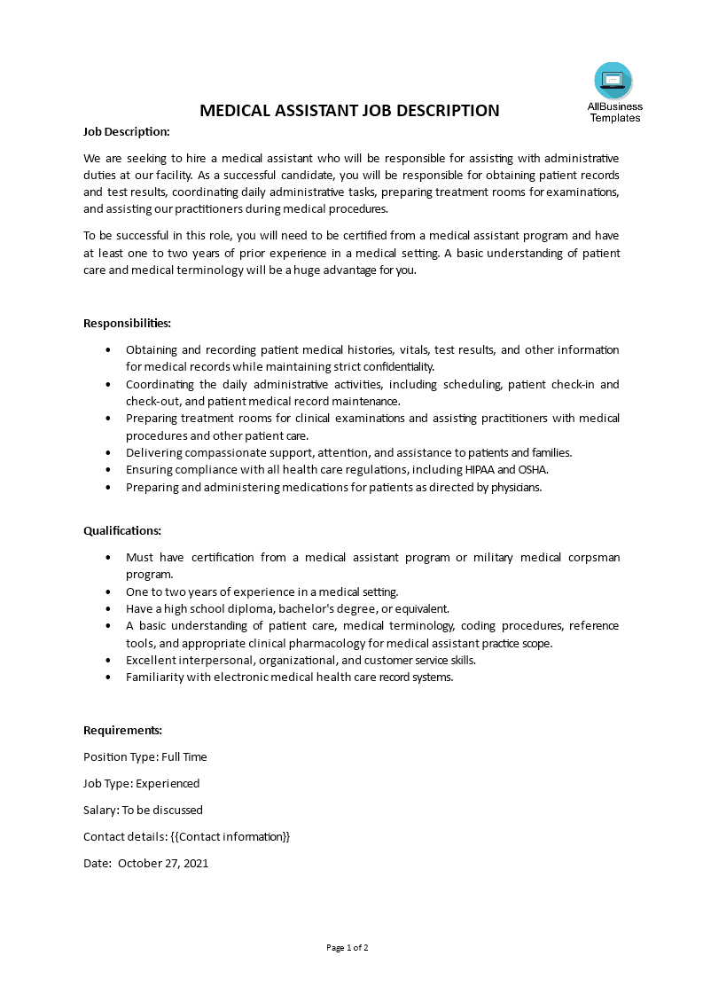 medical assistant job description modèles