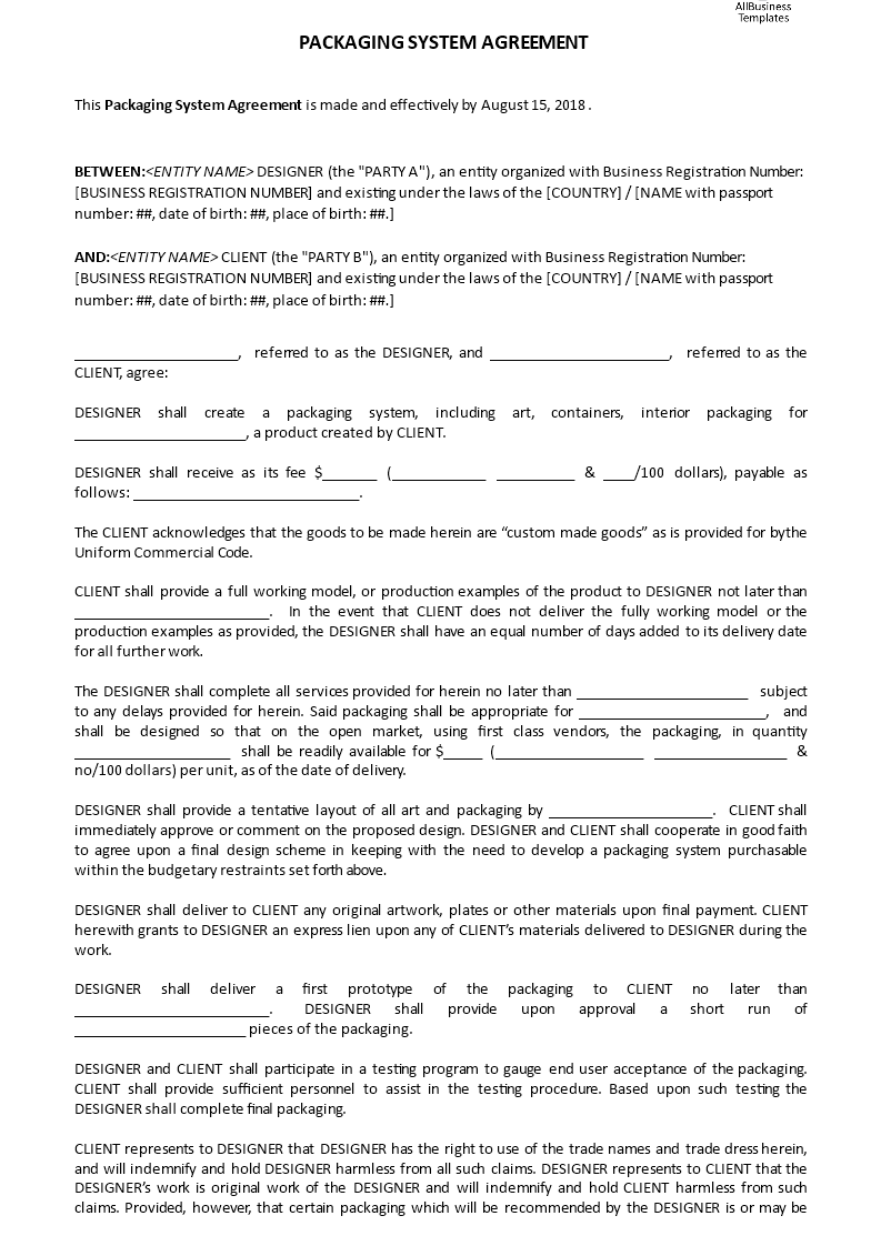 packaging system agreement voorbeeld afbeelding 