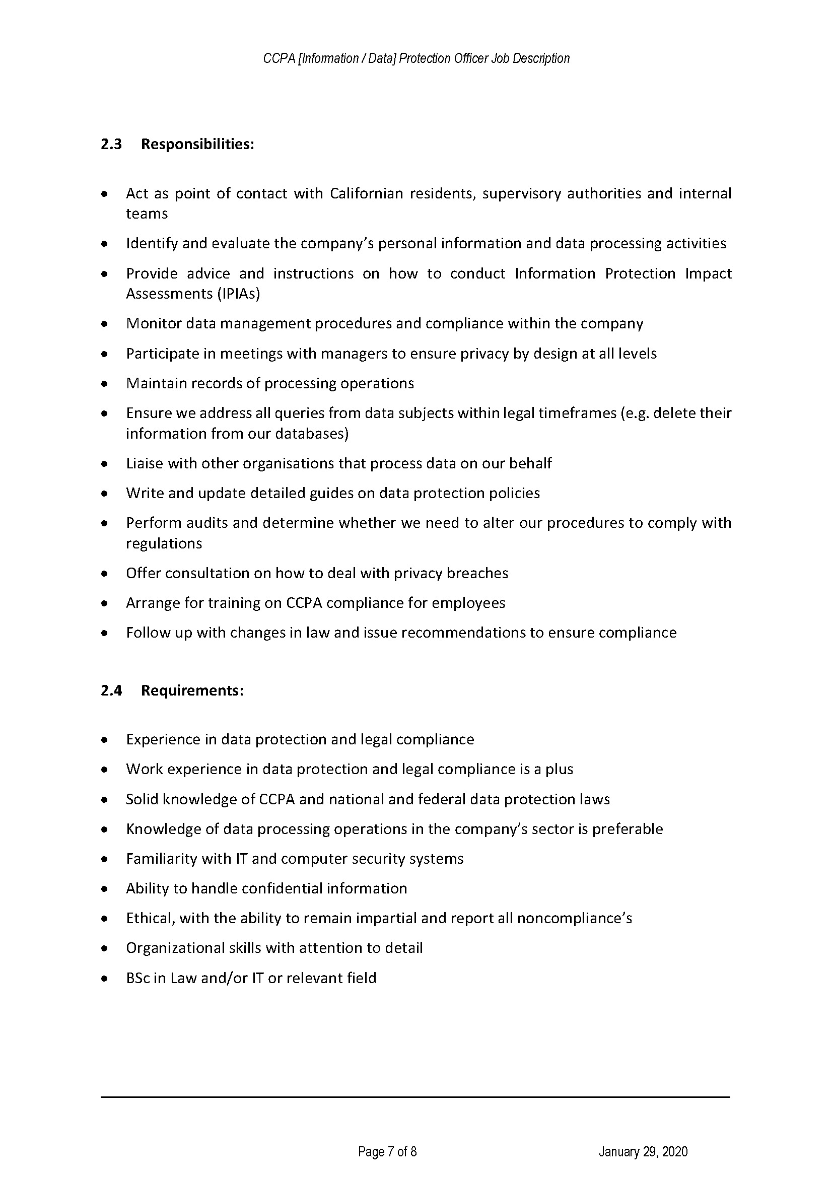 Information Protection Officer Job Description Templates at