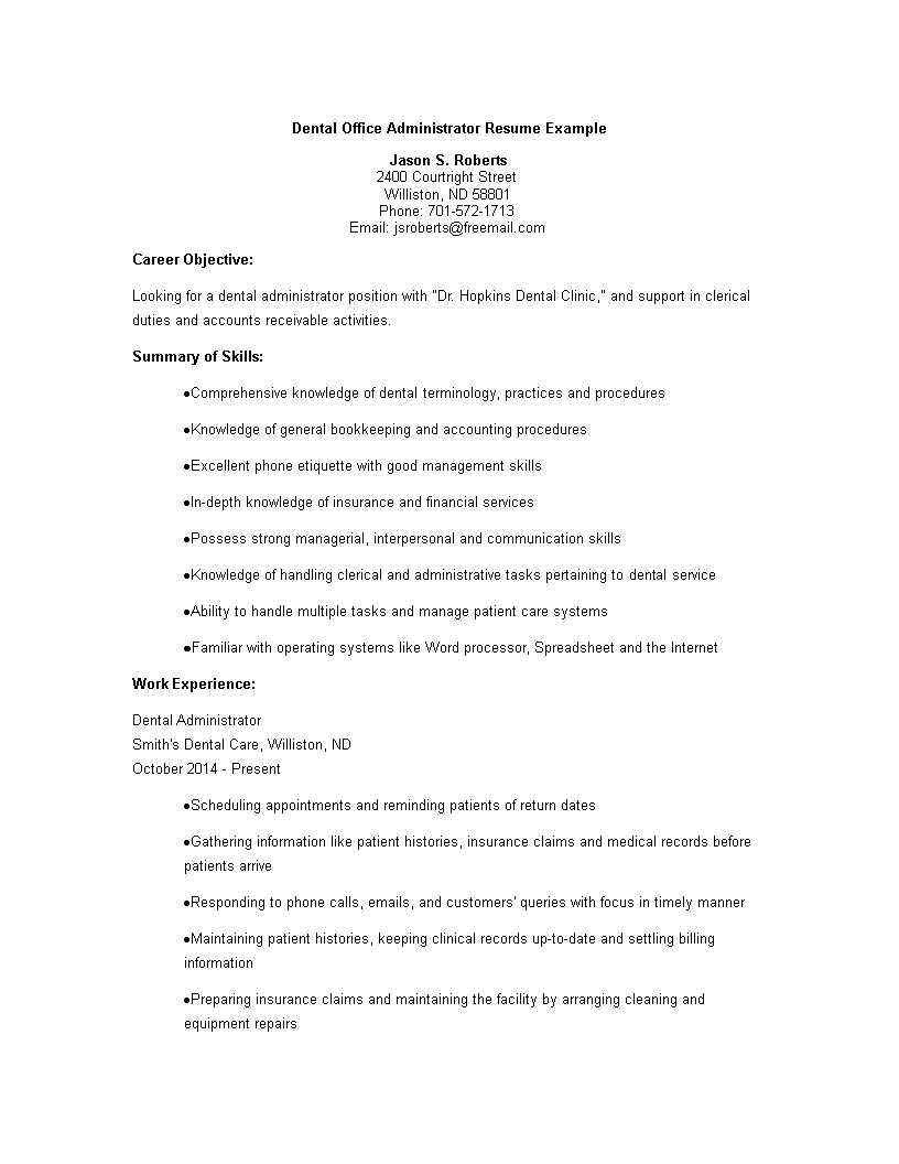 dental office administration resume plantilla imagen principal