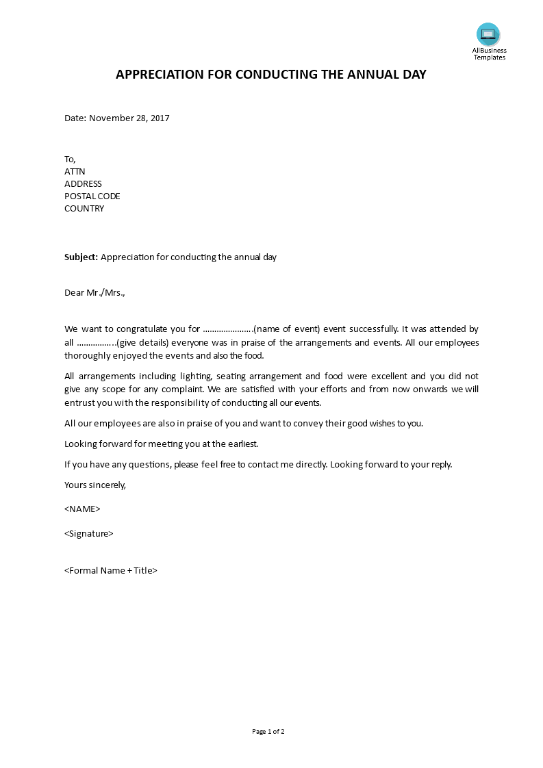 appreciation letter in business voorbeeld afbeelding 