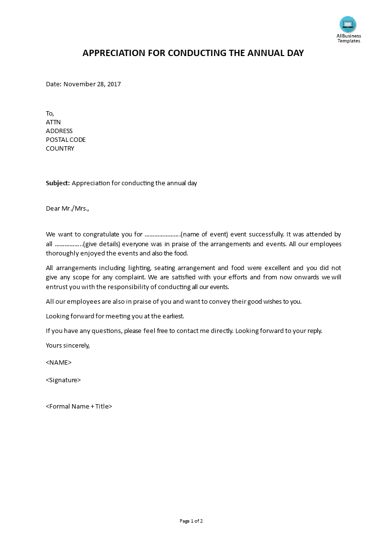 appreciation letter in business template