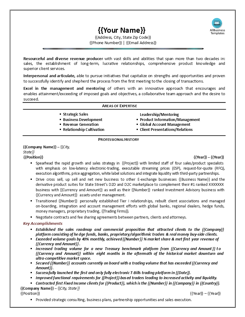 head of sales resume modèles