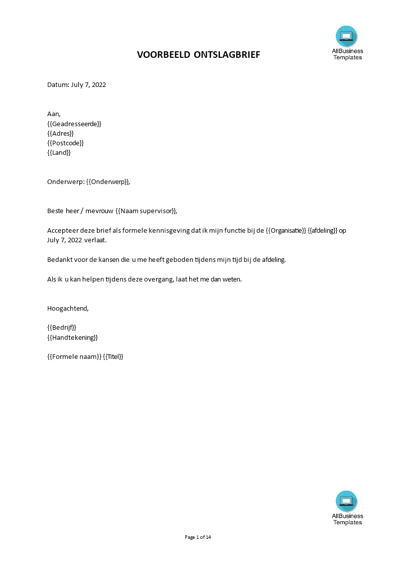 persoonlijke ontslagbrief aan baas Hauptschablonenbild