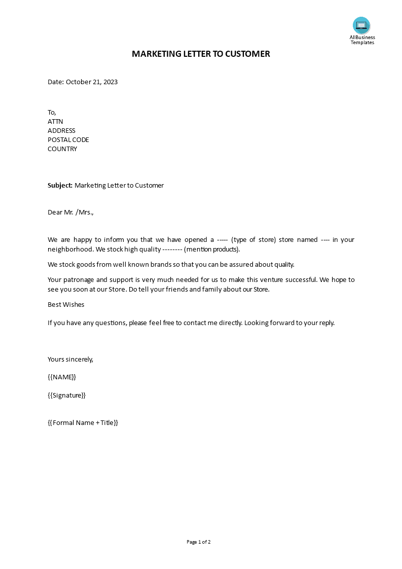 marketing letter to customer template
