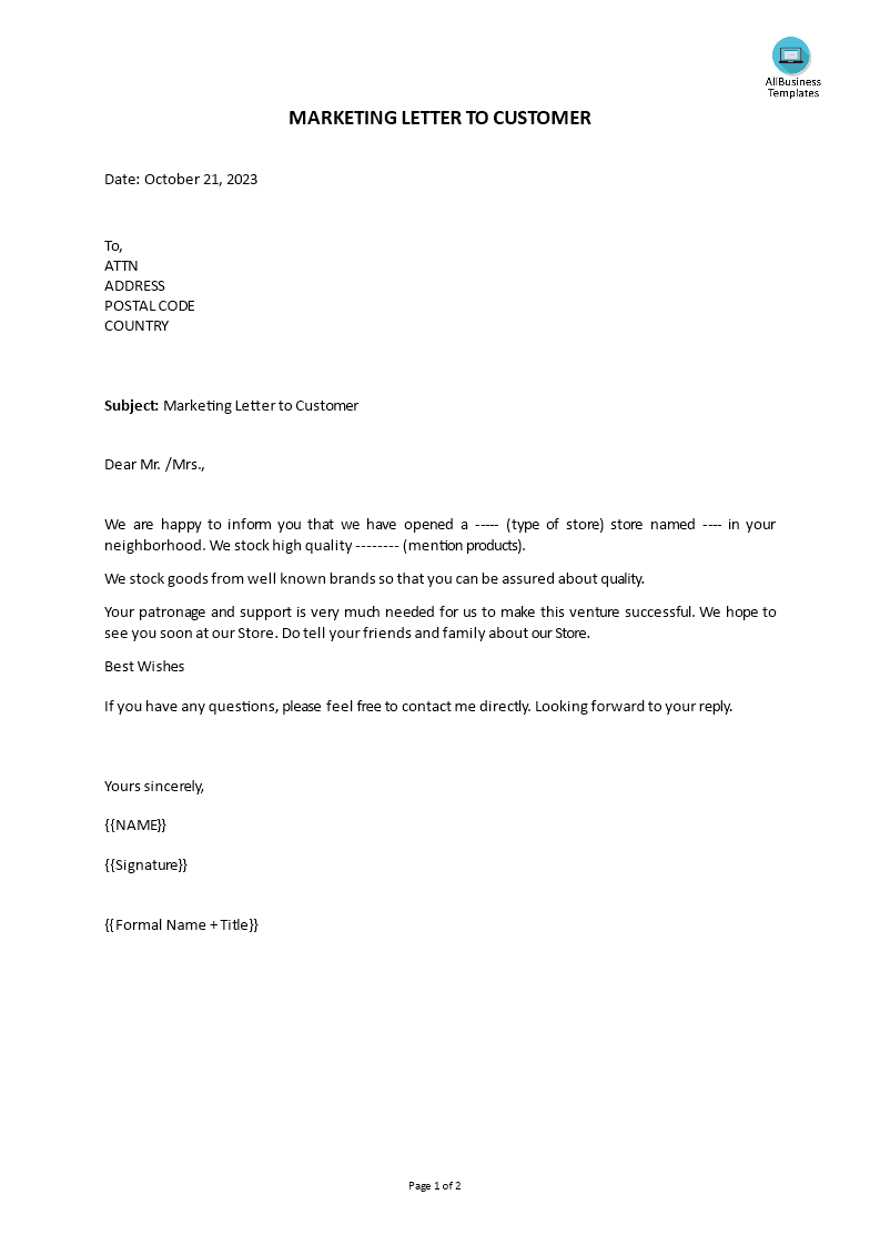 marketing letter to customer modèles