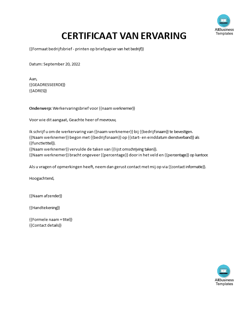 werkervaring certificaat van werkgever voorbeeld afbeelding 
