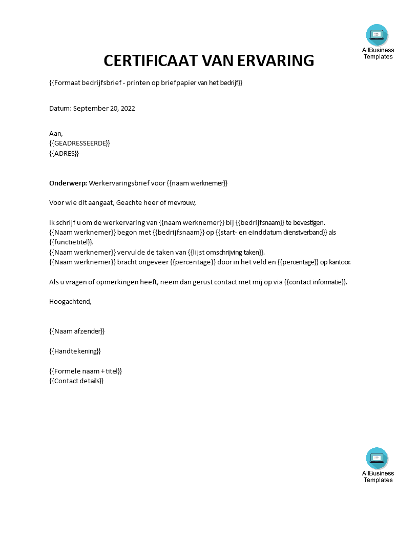 werkervaring certificaat van werkgever template