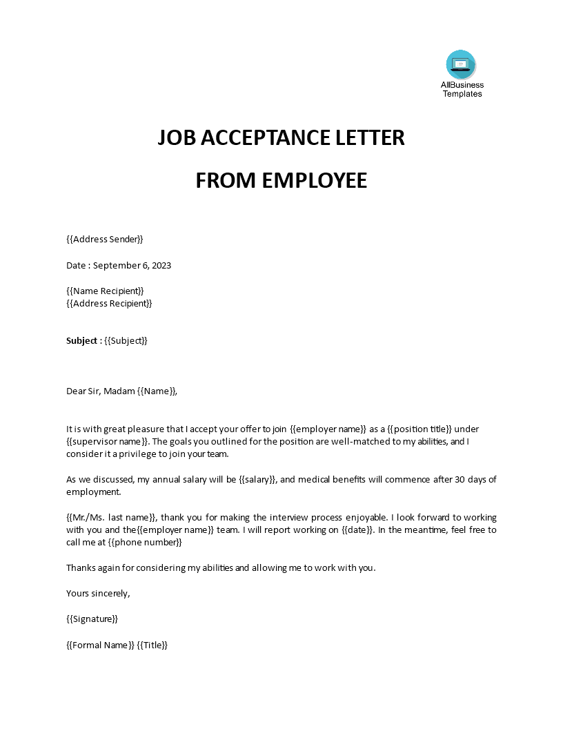 professional job offer acceptance letter modèles