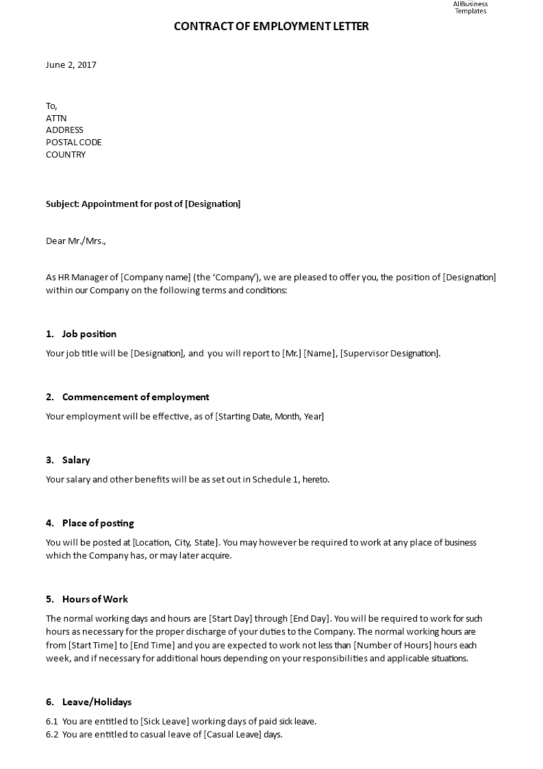 contract of employment appointment letter template