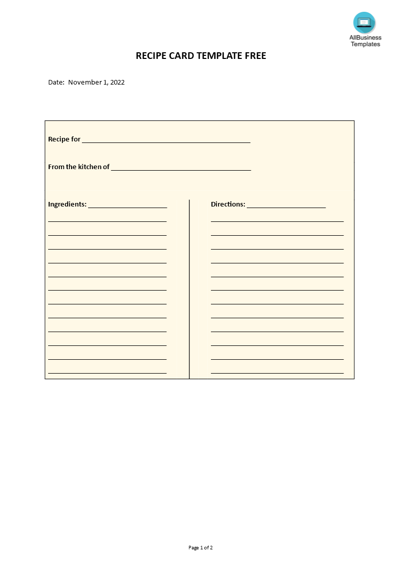 recipe card template template