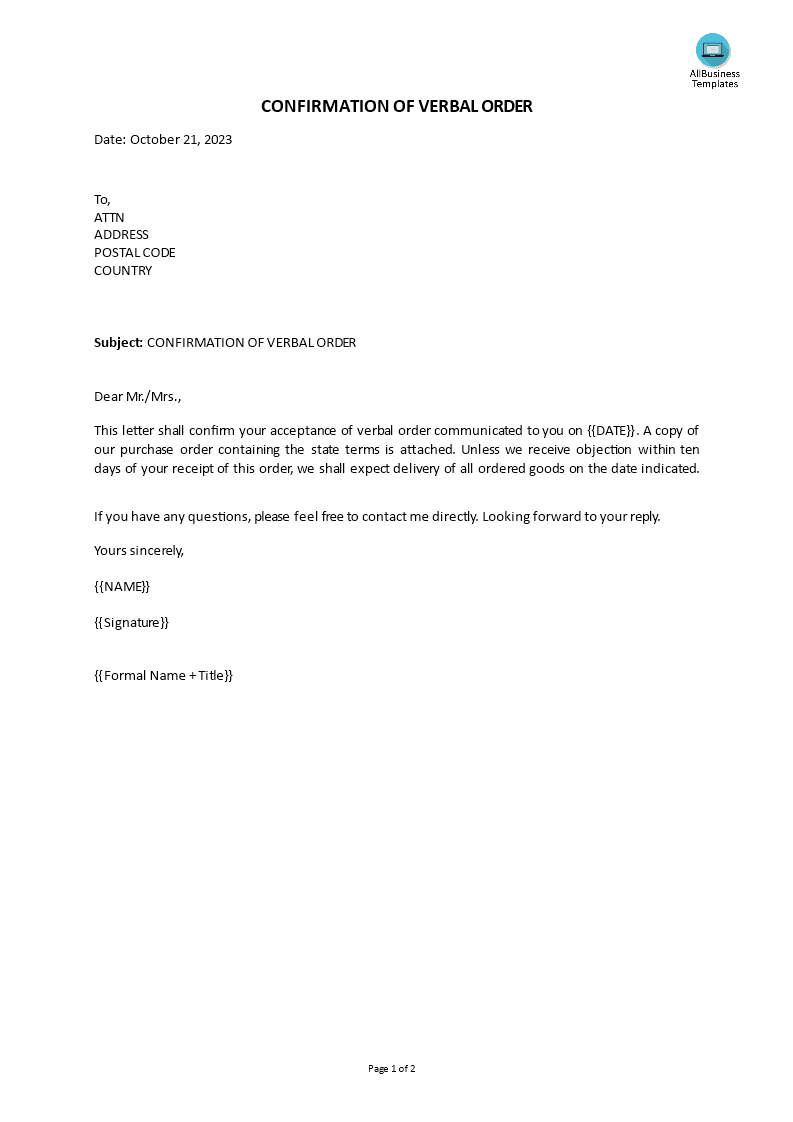 confirmation letter of verbal order template