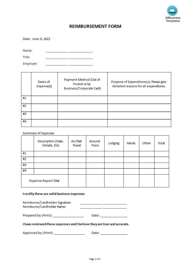 Reimbursement Form 模板