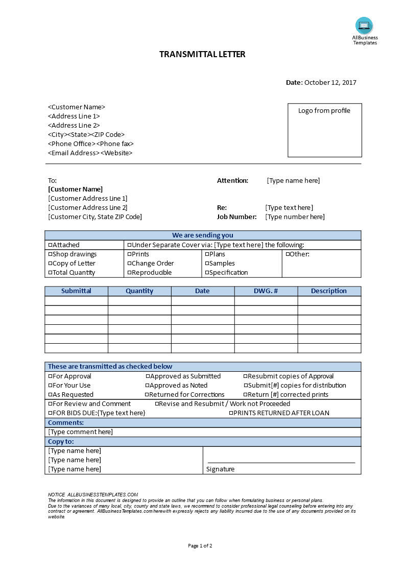 transmittal letter Hauptschablonenbild