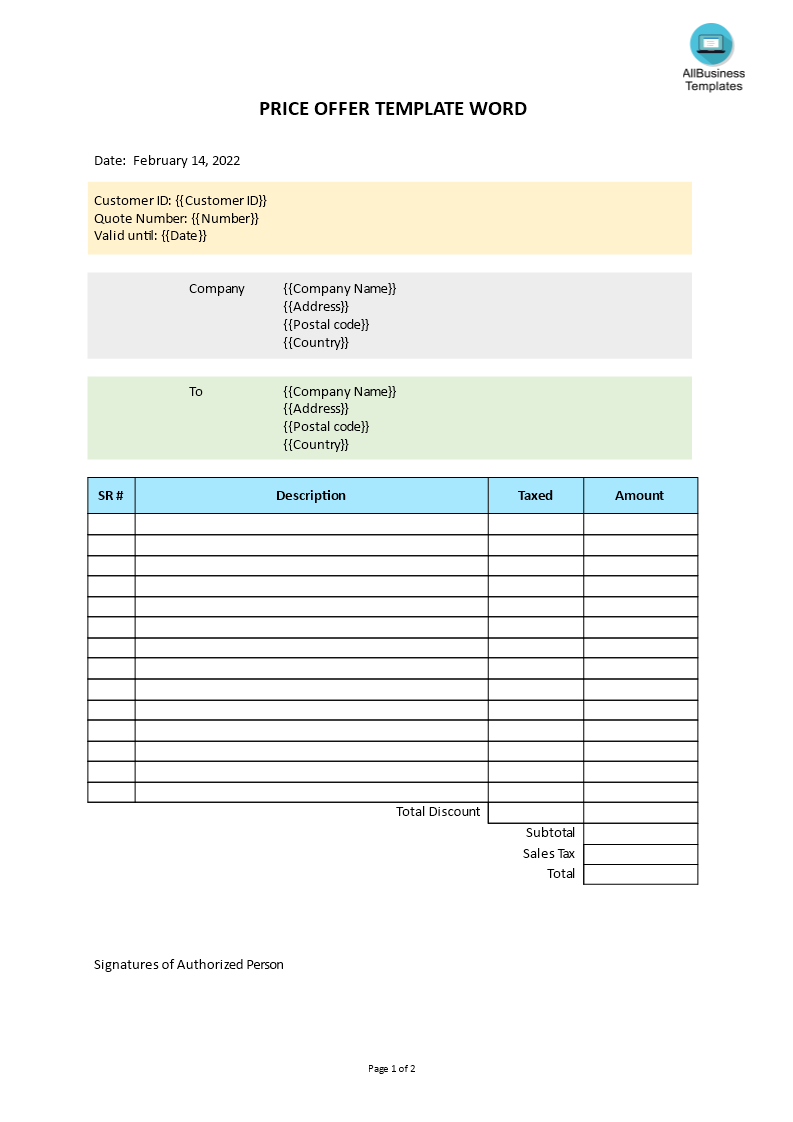 price offer template word voorbeeld afbeelding 