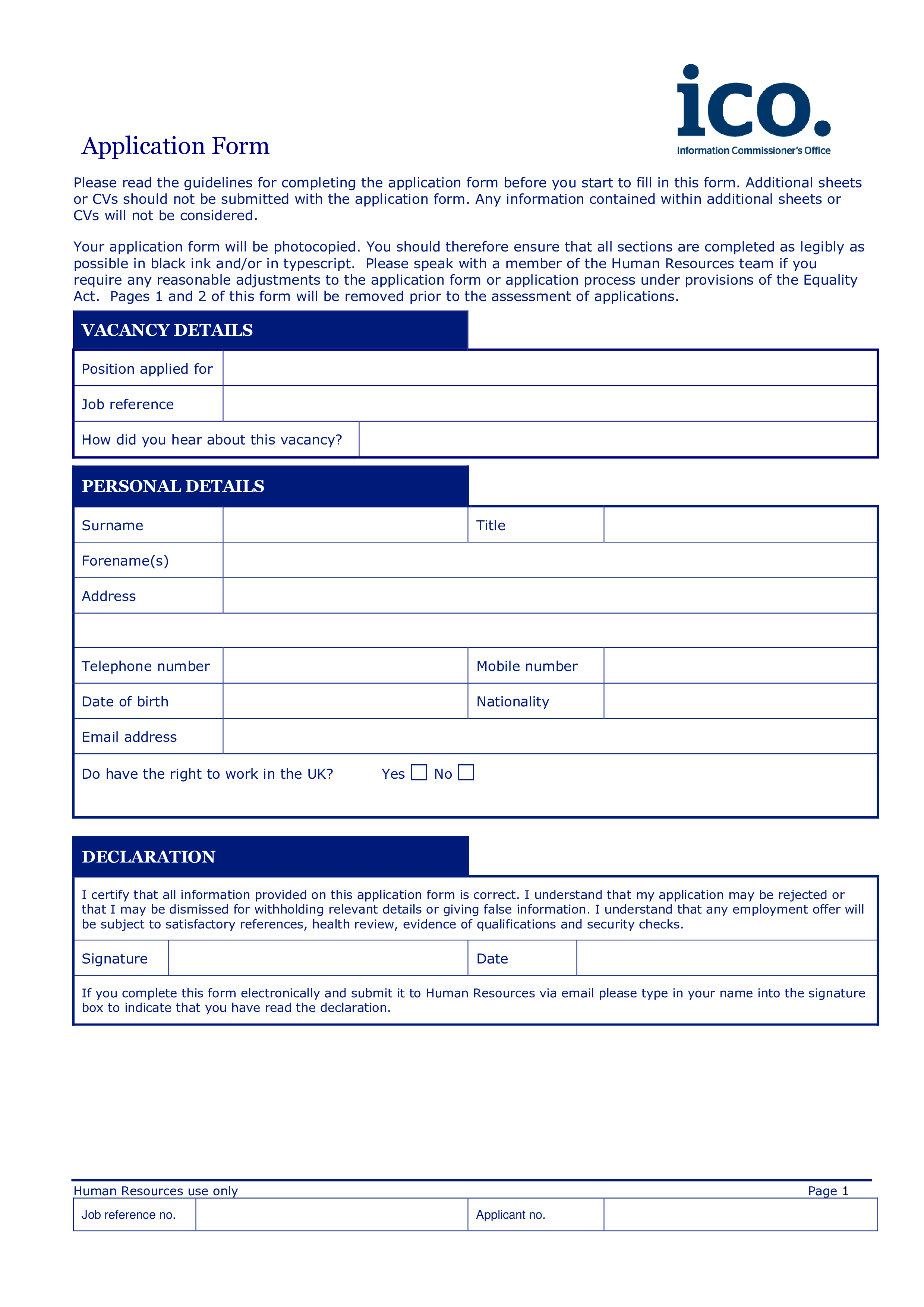 office employee job application form template