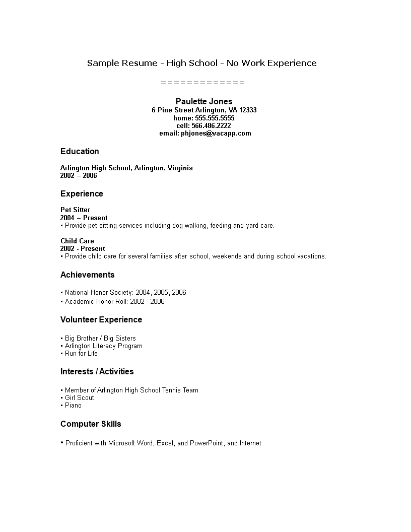 sample resume for high school student with no experience voorbeeld afbeelding 