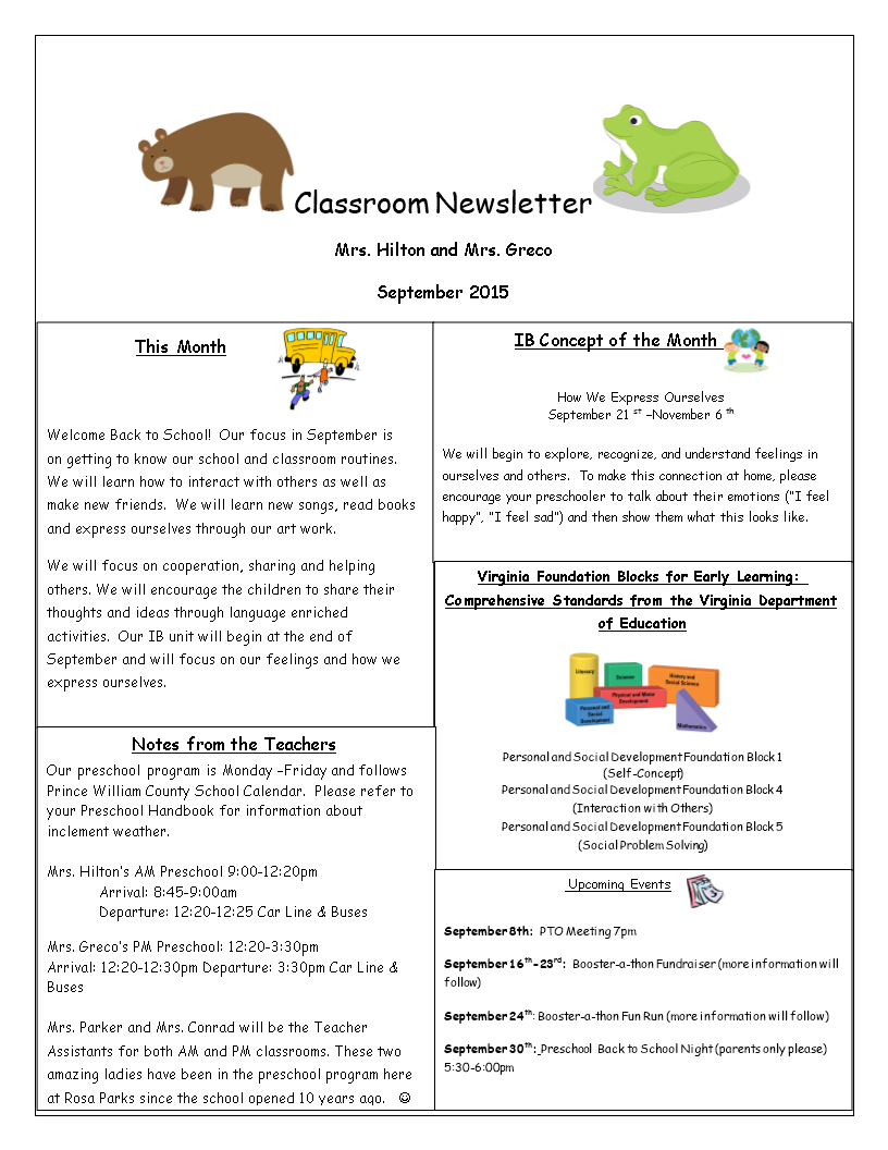 one page classroom newsletter voorbeeld afbeelding 