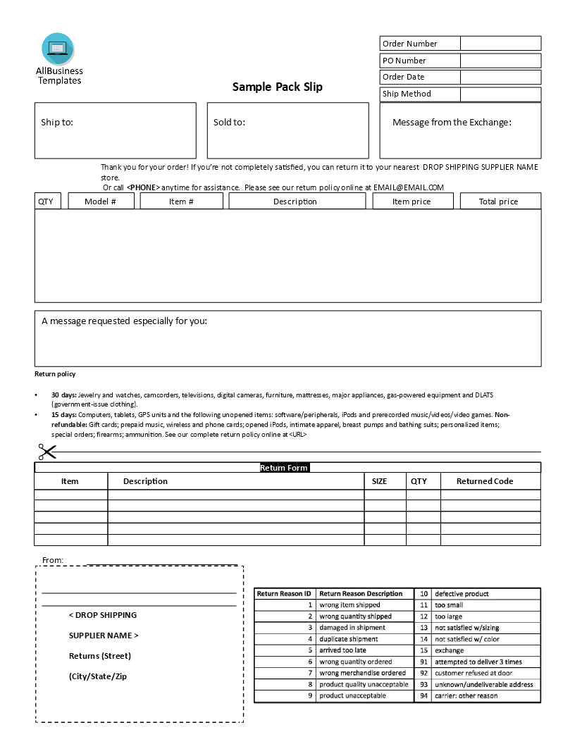 drop shipping packing slip template Hauptschablonenbild