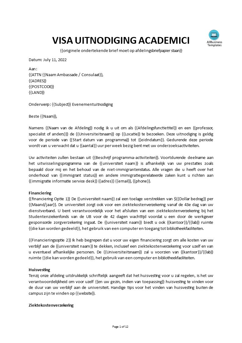 visum uitnodigingsbrief buitenlandse student template