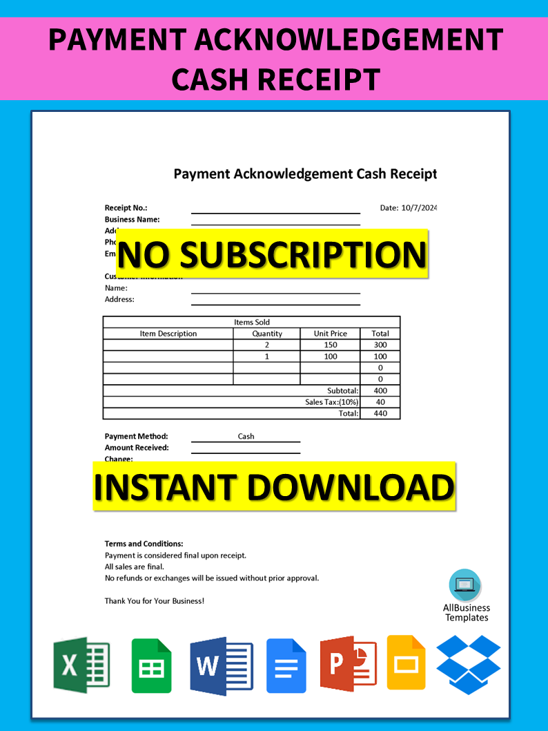 Payment Acknowledgement Cash Receipt 模板