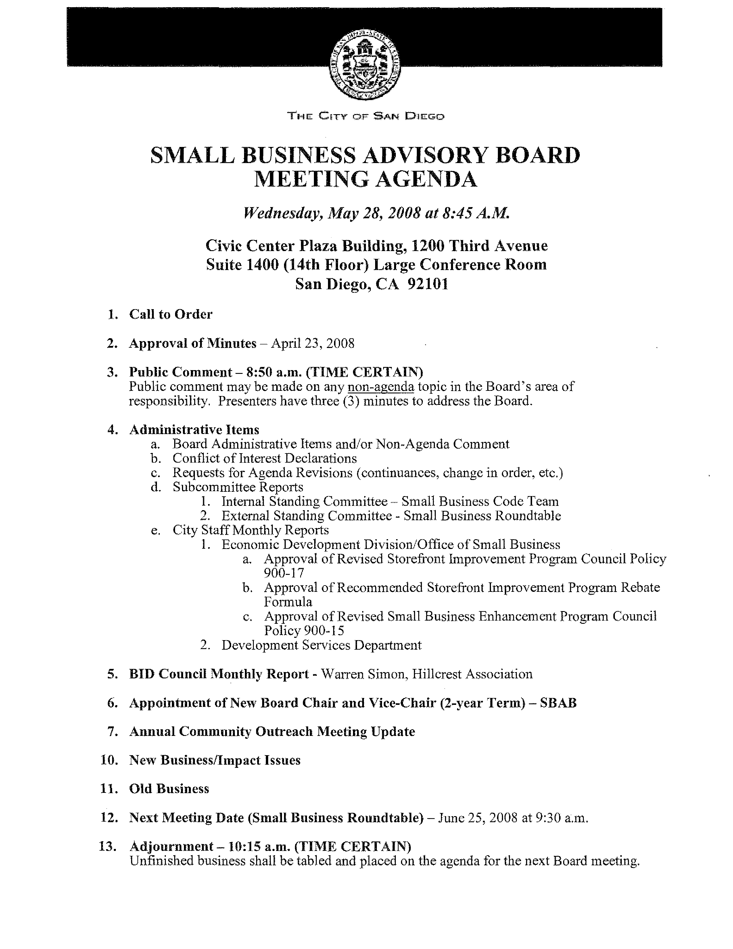 Small Business Board Meeting Agenda 模板