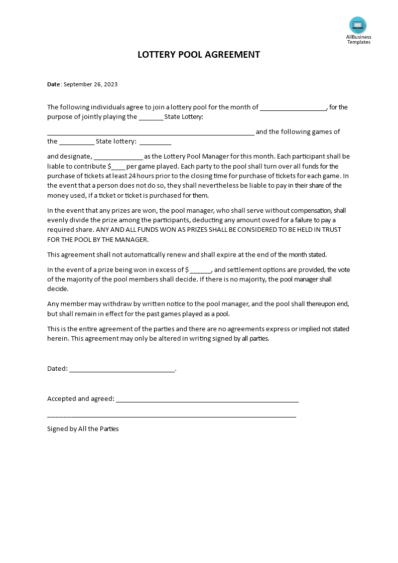 lottery pool agreement template template