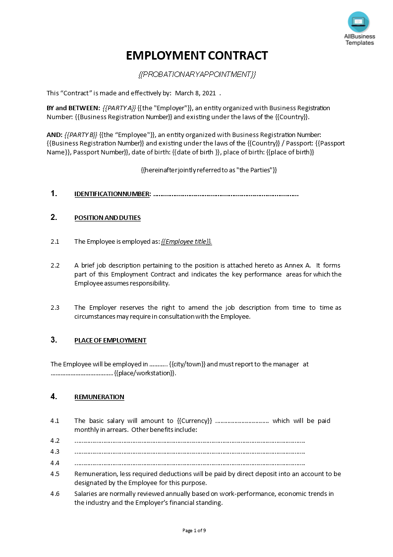 Printable Simple Employment Contract Template Free - Printable Templates