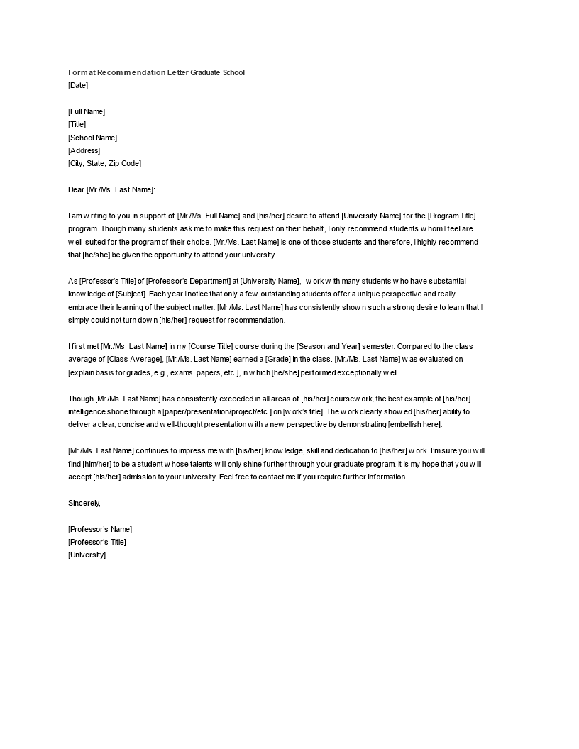 format recommendation letter graduate school template