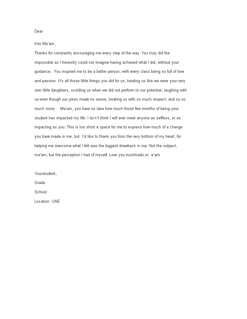 thank you letter for teacher appreciation template