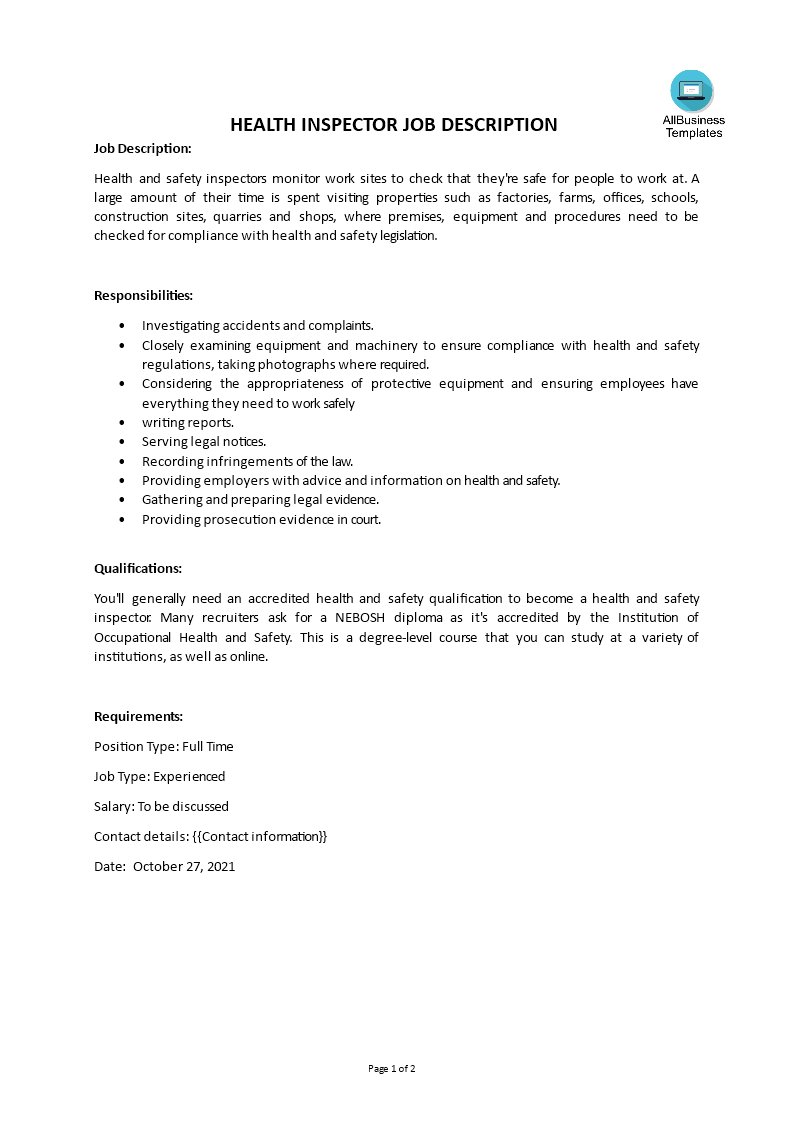 health inspector job description template