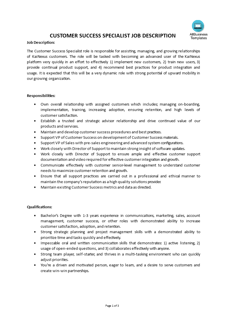 customer success specialist job description plantilla imagen principal