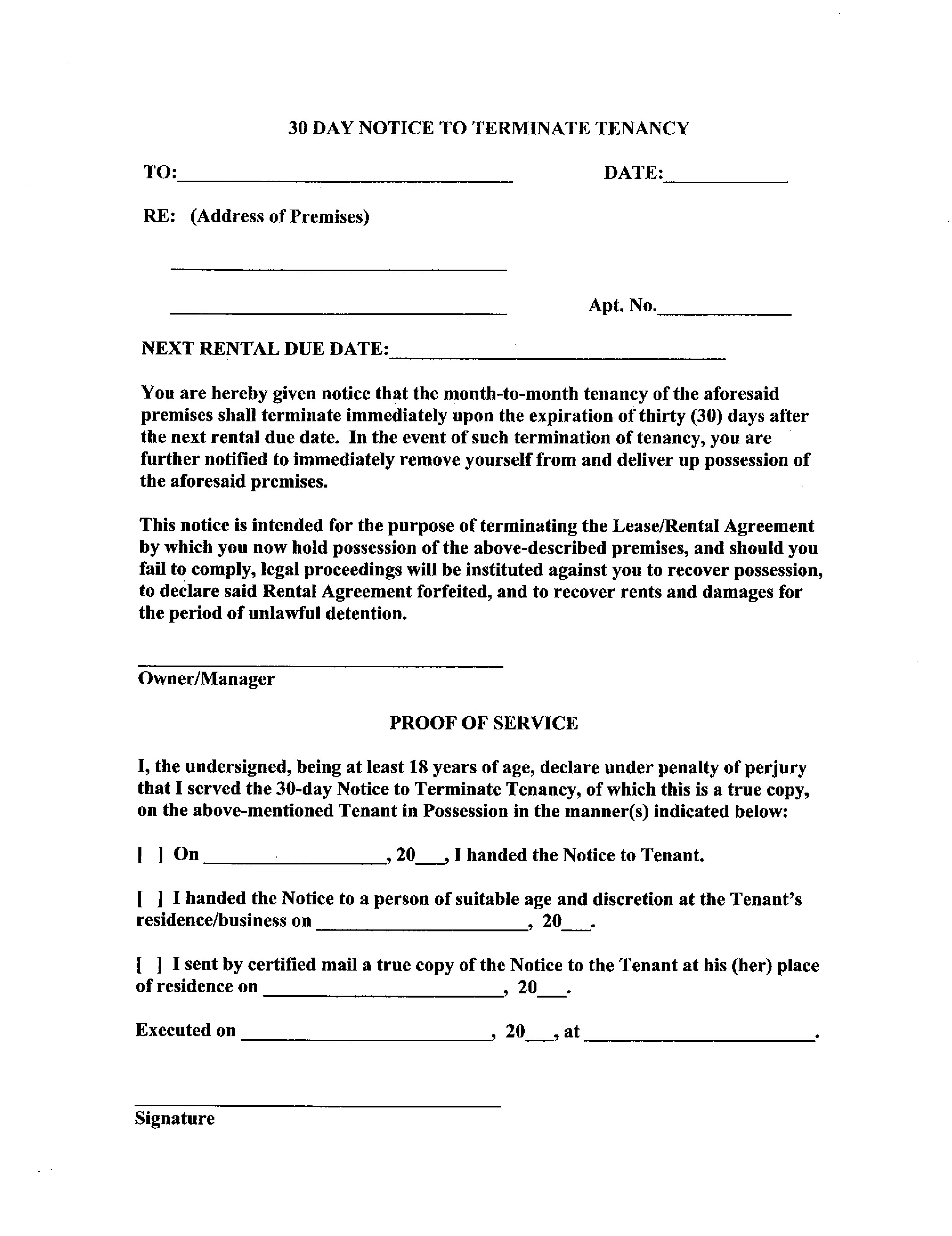 rental 30 day notice letter template