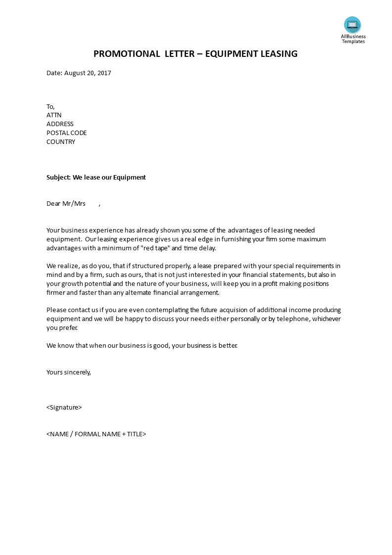 promotional letter for leasing equipment voorbeeld afbeelding 