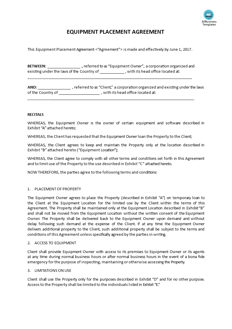 equipment placement agreement modèles