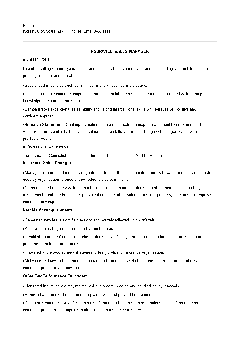 Resume of an Insurance Sales Executive main image