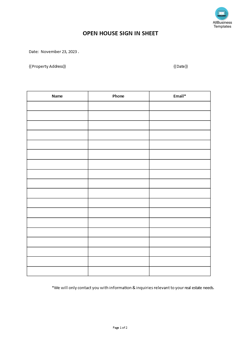 Open house sign-in sheet main image